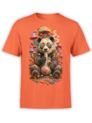 Colorful psychedelic panda with mushrooms and spiral glasses printed on an orange T-shirt