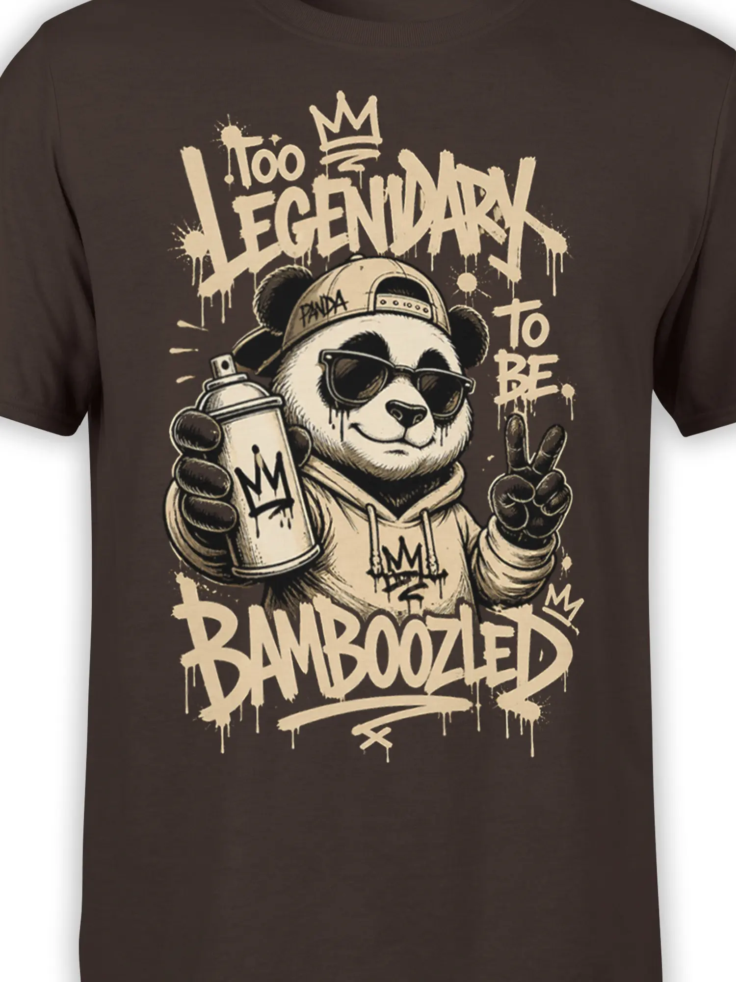 Close-up of the graffiti panda design with sunglasses, crowned spray can, hoodie, and bold cream lettering on brown fabric