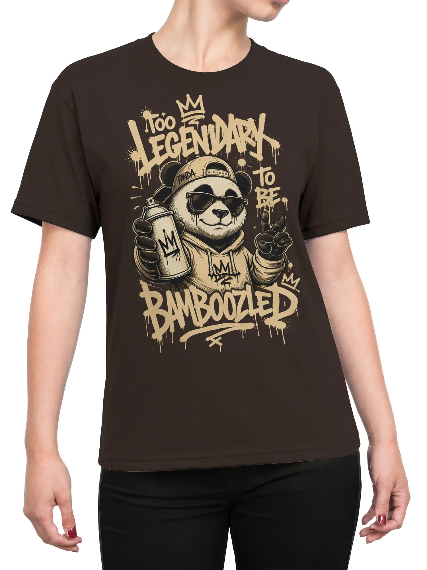 Female torso wearing a brown T-shirt with a sunglasses-wearing graffiti panda and “Too Legendary to Be Bamboozled” lettering