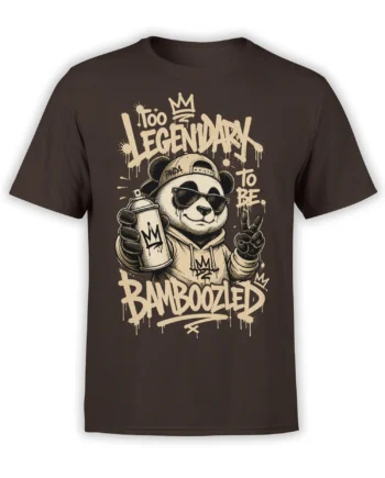 Brown T-shirt with a graffiti panda in sunglasses, spray can, peace sign, and “Too Legendary to Be Bamboozled” text