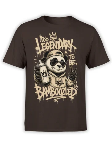 Brown T-shirt with a graffiti panda in sunglasses, spray can, peace sign, and “Too Legendary to Be Bamboozled” text