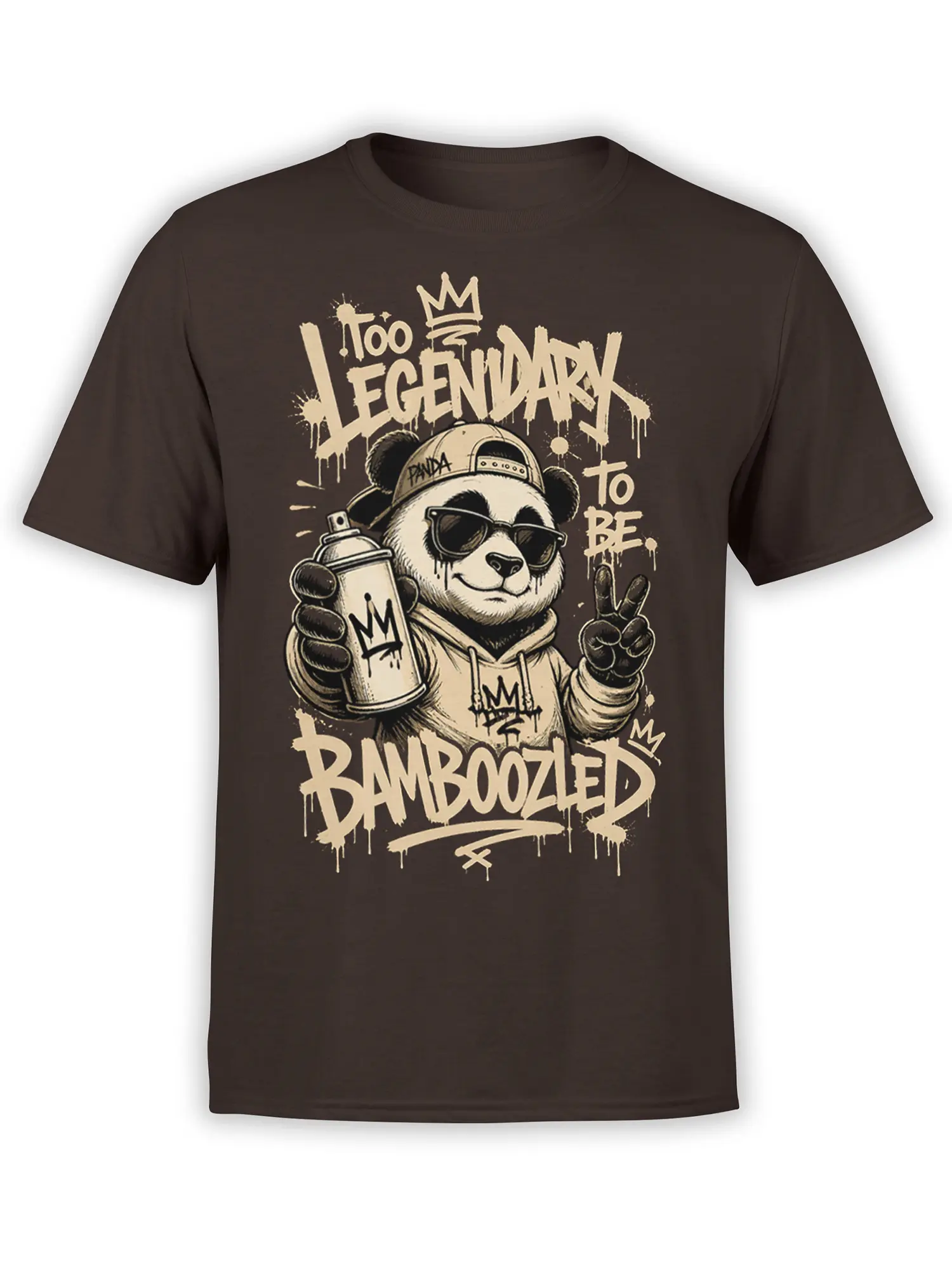 Brown T-shirt with a graffiti panda in sunglasses, spray can, peace sign, and “Too Legendary to Be Bamboozled” text
