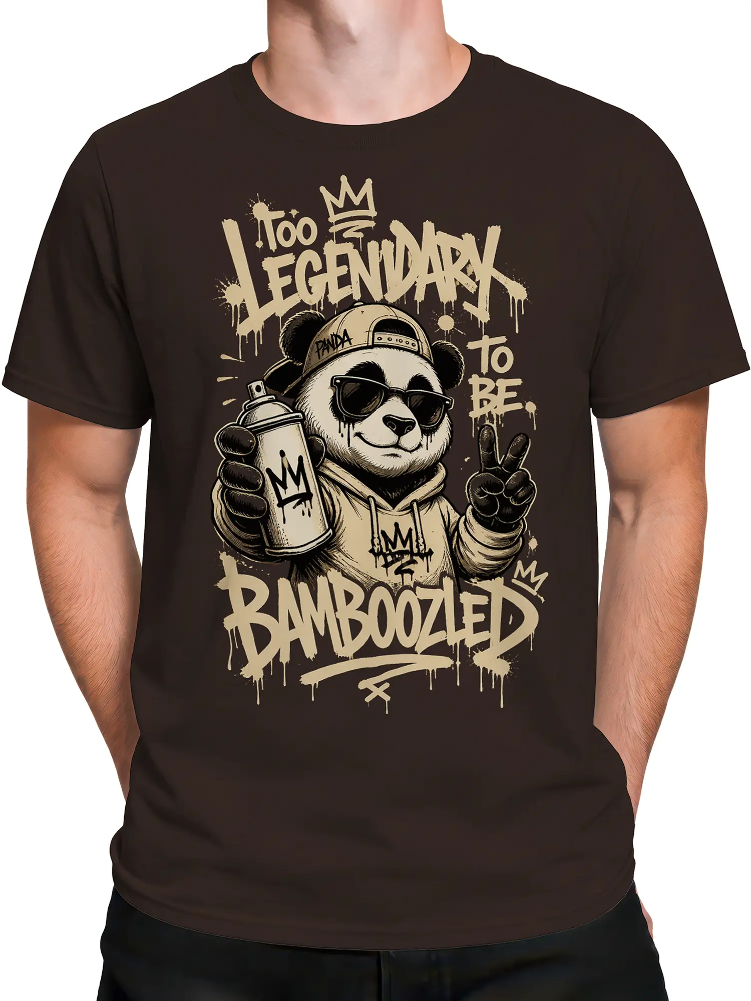Male torso wearing a brown T-shirt featuring a graffiti panda in sunglasses with bold cream lettering and crown details