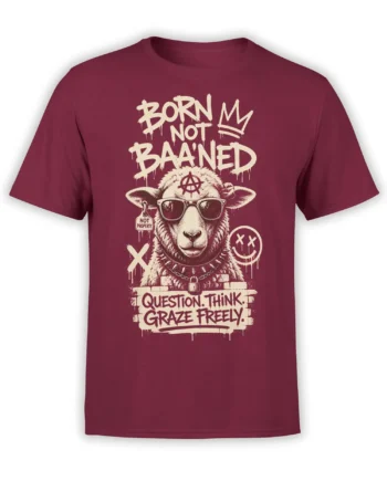 Rebellious sheep in sunglasses and a spiked collar with punk text on a burgundy T-shirt
