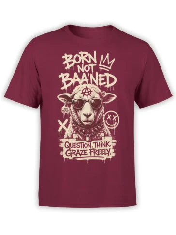 Rebellious sheep in sunglasses and a spiked collar with punk text on a burgundy T-shirt