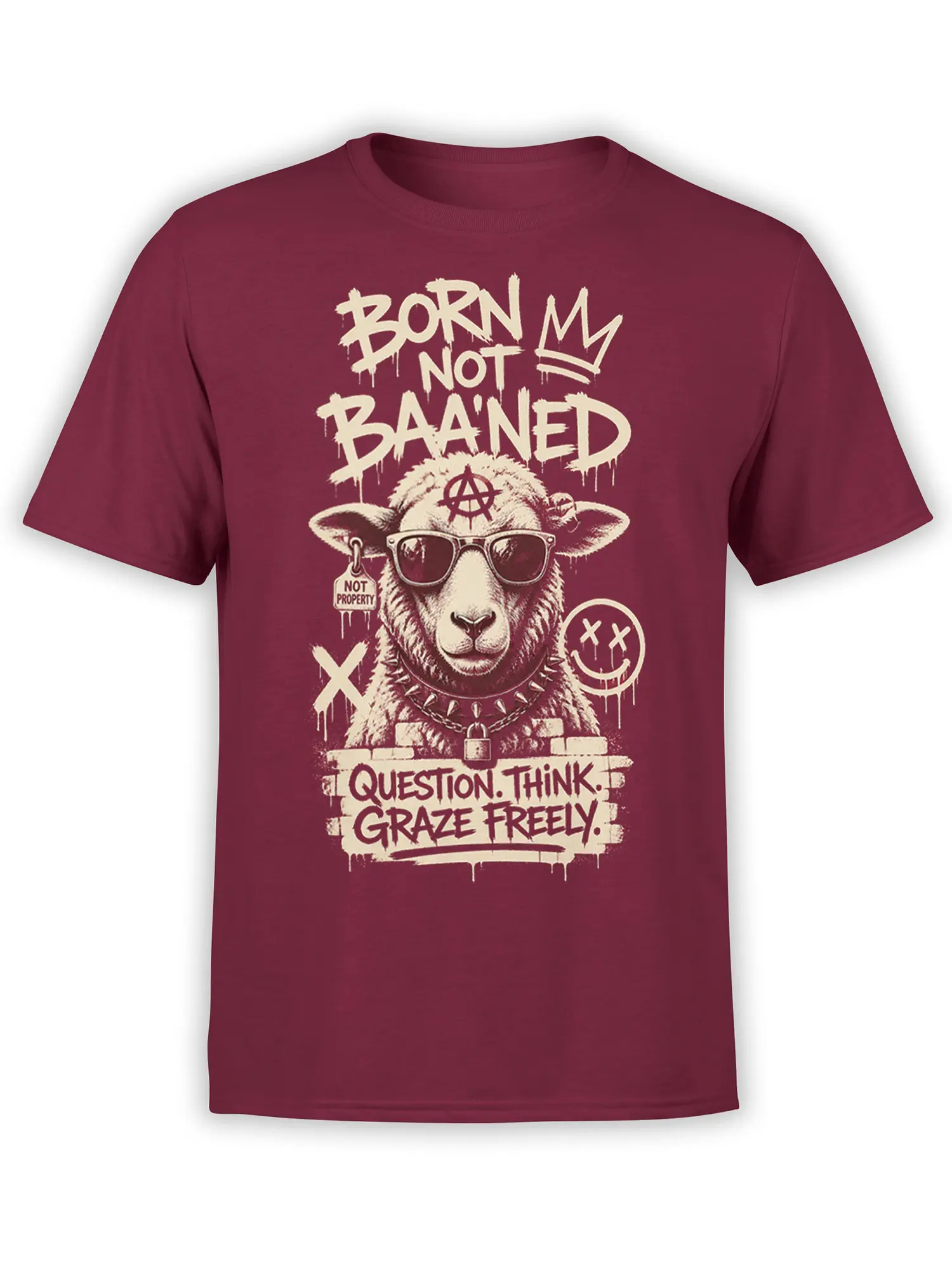 Rebellious sheep in sunglasses and a spiked collar with punk text on a burgundy T-shirt