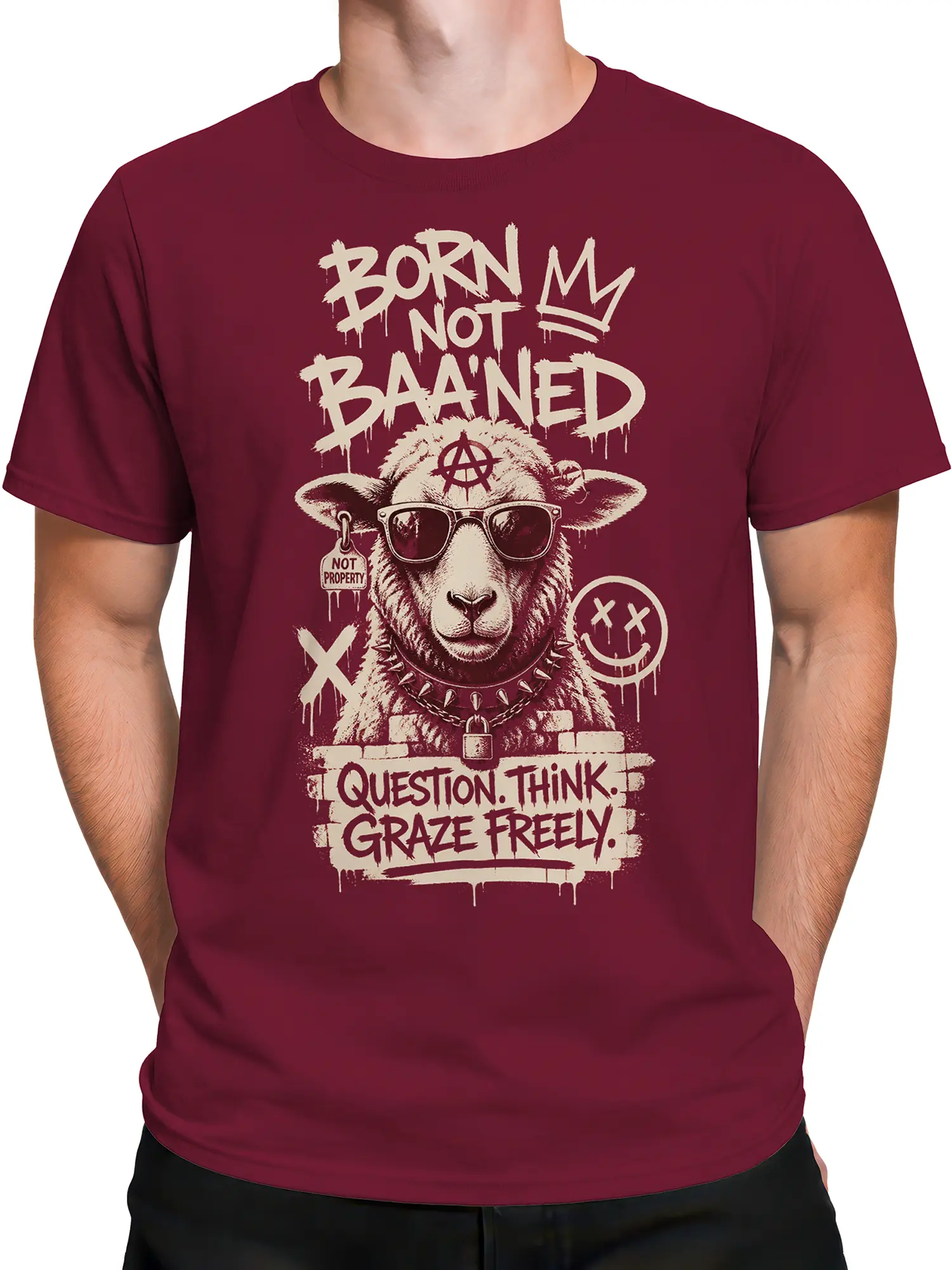Male torso wearing a burgundy punk sheep T-shirt with sunglasses, spikes, and rebellious graphic text
