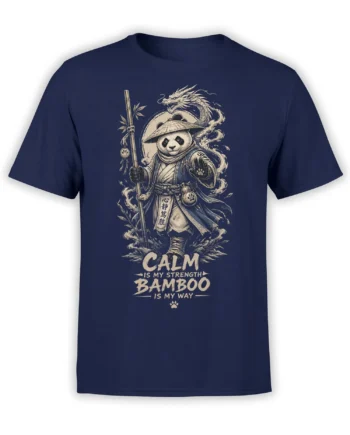 Calm panda warrior with bamboo staff and dragon artwork printed on a navy T-shirt
