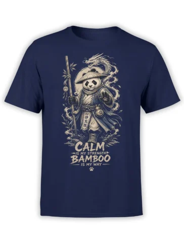 Calm panda warrior with bamboo staff and dragon artwork printed on a navy T-shirt