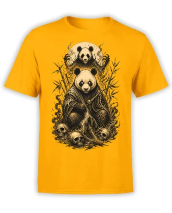 Orange T-shirt with dark panda warrior artwork, bamboo branches, robes, staff, and skulls