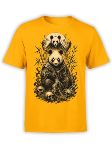 Orange T-shirt with dark panda warrior artwork, bamboo branches, robes, staff, and skulls