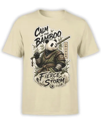 Beige T-shirt featuring a panda warrior with a bamboo staff, bamboo leaves, storm waves, and bold brush lettering