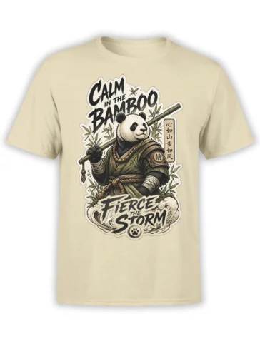 Beige T-shirt featuring a panda warrior with a bamboo staff, bamboo leaves, storm waves, and bold brush lettering