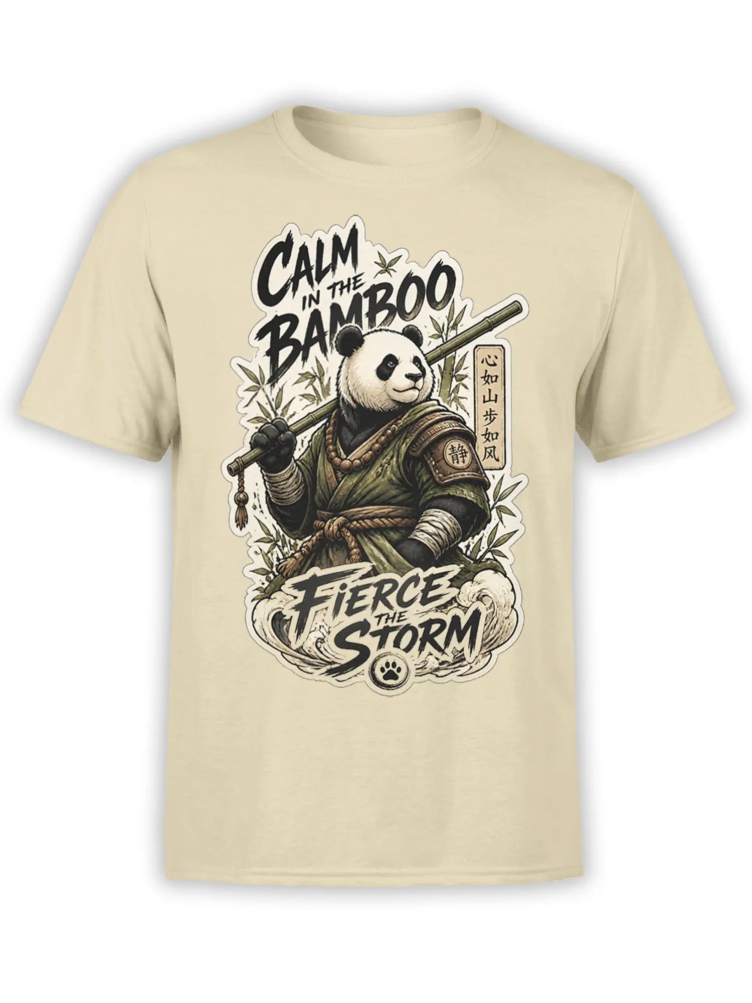 Beige T-shirt featuring a panda warrior with a bamboo staff, bamboo leaves, storm waves, and bold brush lettering