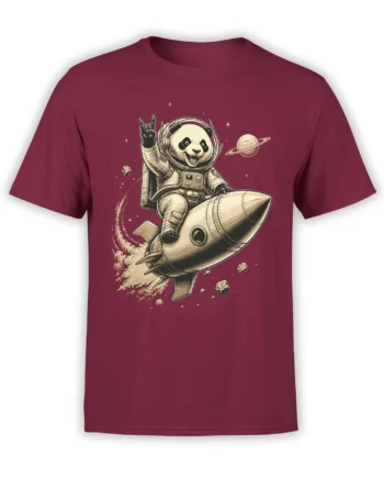 Maroon T-shirt with a vintage panda astronaut riding a rocket through stars and asteroids