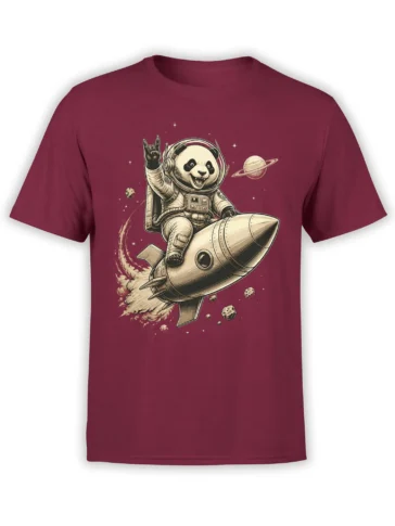Maroon T-shirt with a vintage panda astronaut riding a rocket through stars and asteroids