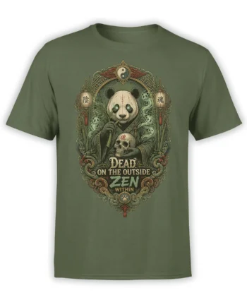Olive green panda t-shirt with skull, spirit figures, bamboo, and the words Dead on the Outside Zen Within