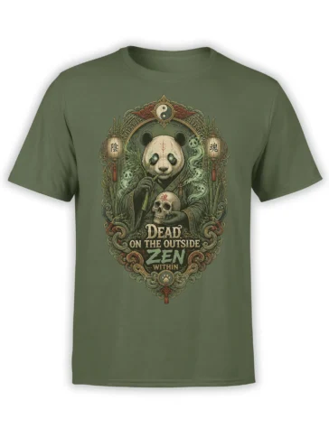 Olive green panda t-shirt with skull, spirit figures, bamboo, and the words Dead on the Outside Zen Within