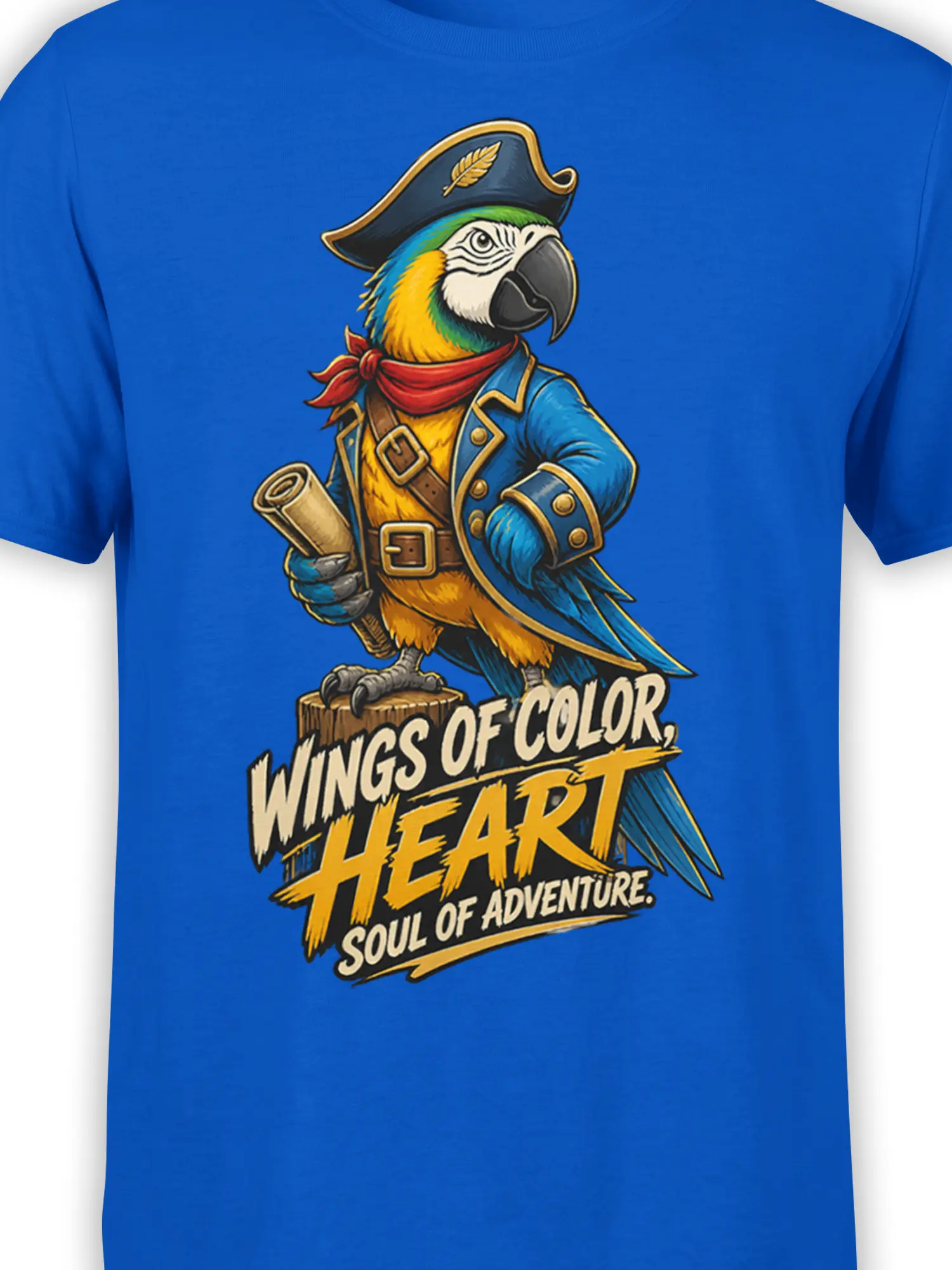 Close-up of colorful macaw pirate artwork, red scarf, feathered hat, and Wings of Color text on blue fabric
