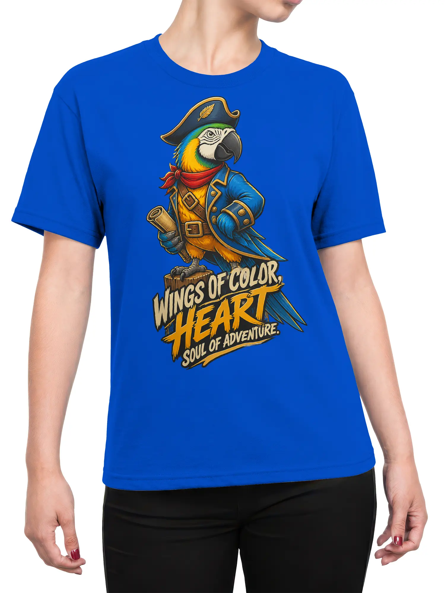 Female torso wearing a blue T-shirt with colorful macaw pirate artwork and Wings of Color adventure lettering