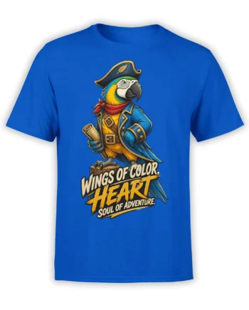 Colorful macaw pirate wearing a feathered hat and blue coat on a blue T-shirt with adventure lettering