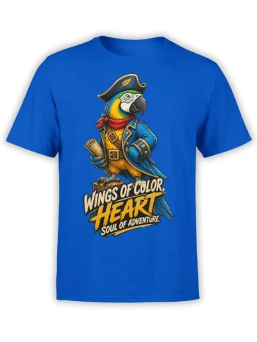 Colorful macaw pirate wearing a feathered hat and blue coat on a blue T-shirt with adventure lettering