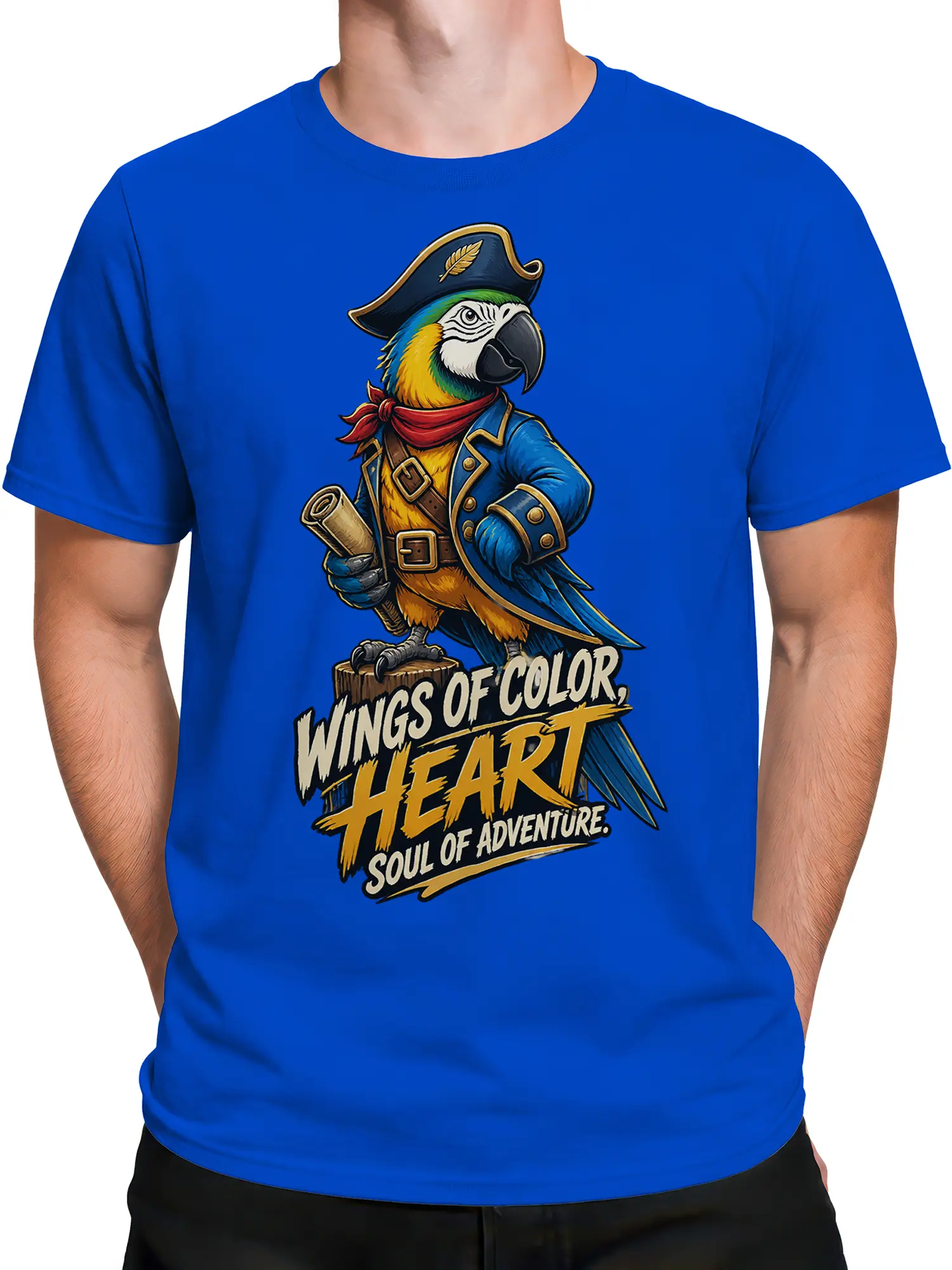 Male torso wearing a blue T-shirt with colorful macaw pirate artwork and bold adventure lettering