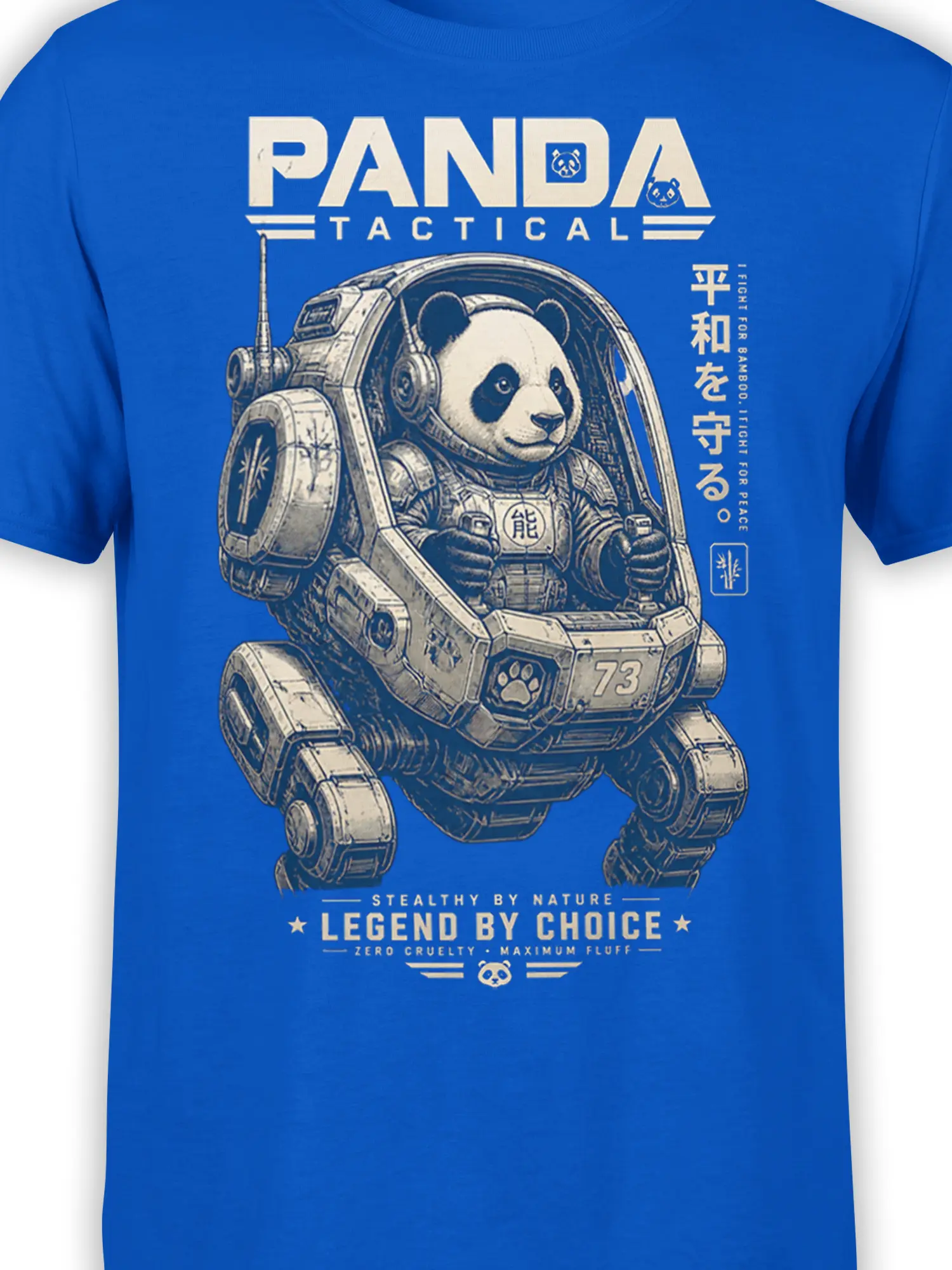 Close-up of armored panda artwork and PANDA TACTICAL lettering on a blue shirt