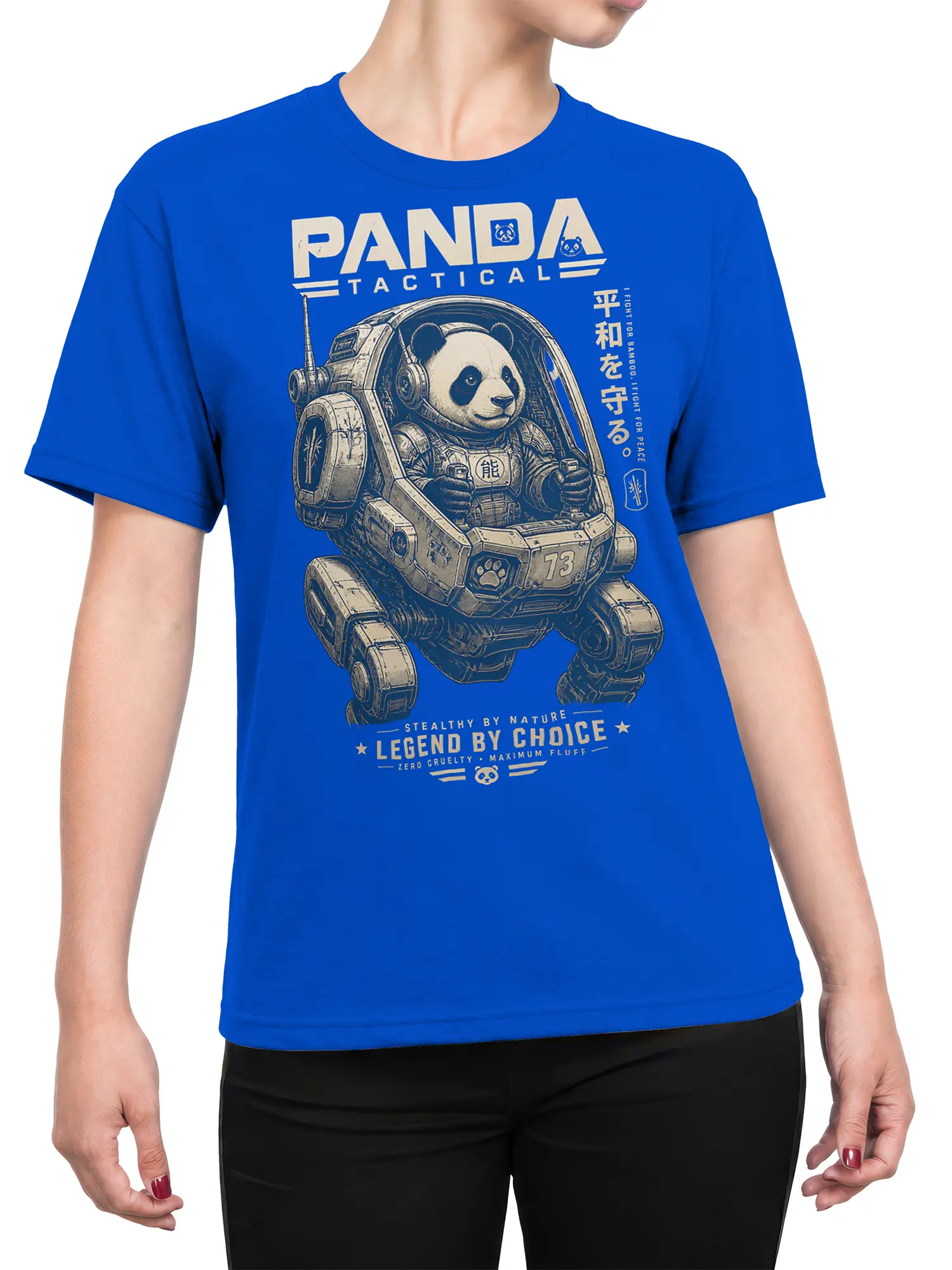 Female torso wearing a blue shirt with an armored panda and tactical bamboo graphic