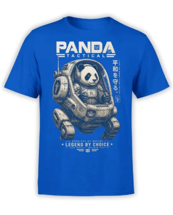 Blue T-shirt with an armored panda pilot, tactical vehicle, and bamboo-themed lettering