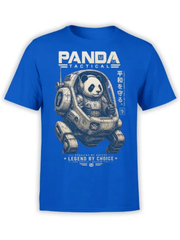 Blue T-shirt with an armored panda pilot, tactical vehicle, and bamboo-themed lettering