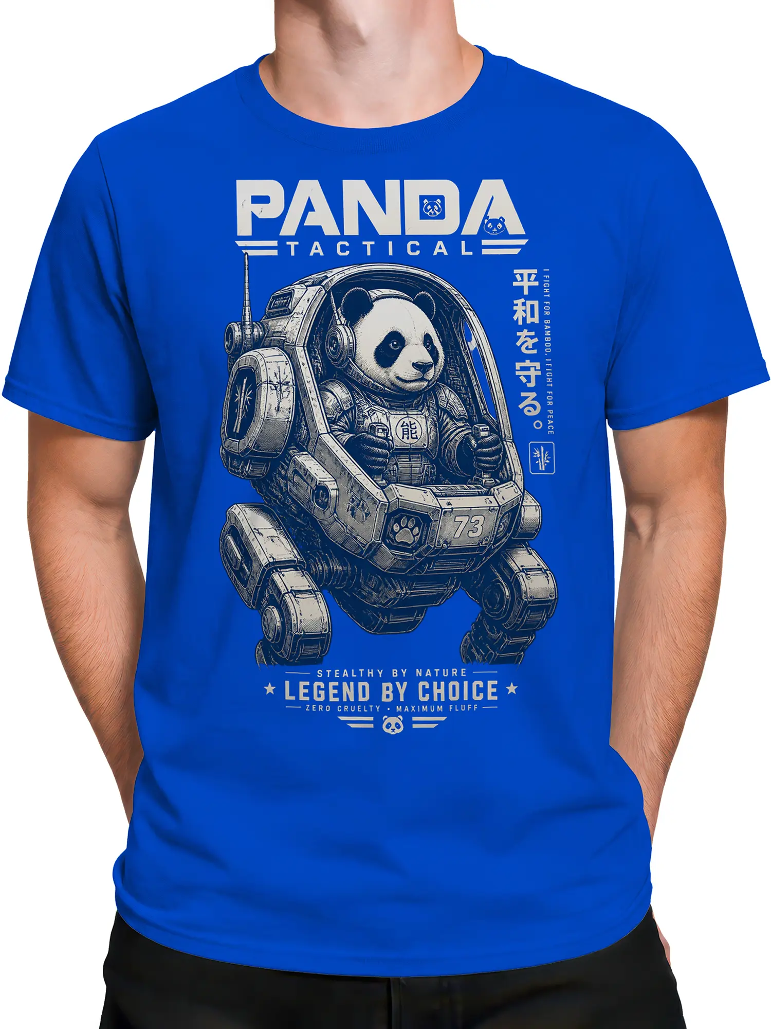 Male torso wearing a blue armored panda tactical graphic T-shirt