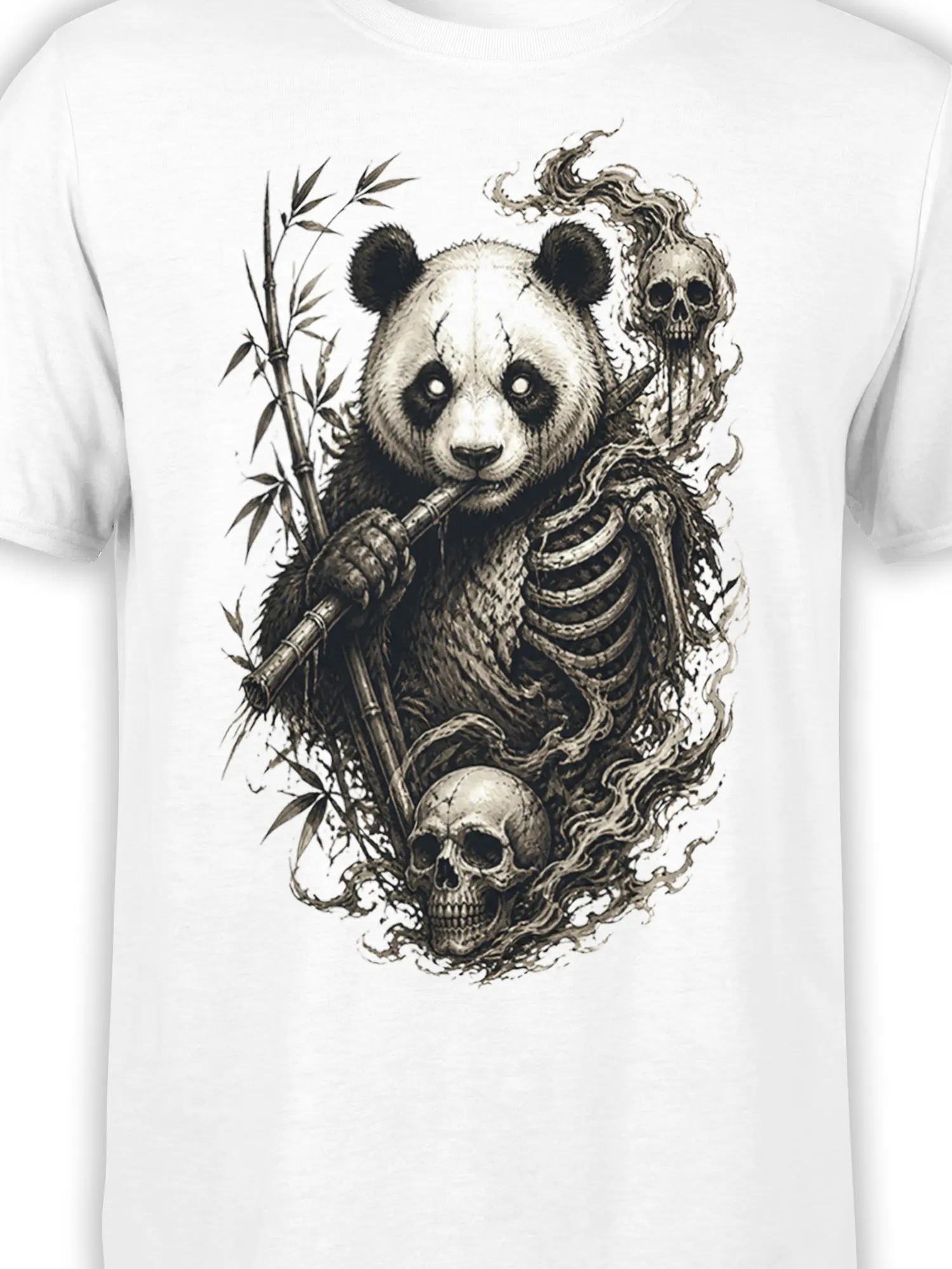 Close-up of panda, bamboo, skulls, and skeleton details on a white graphic T-shirt