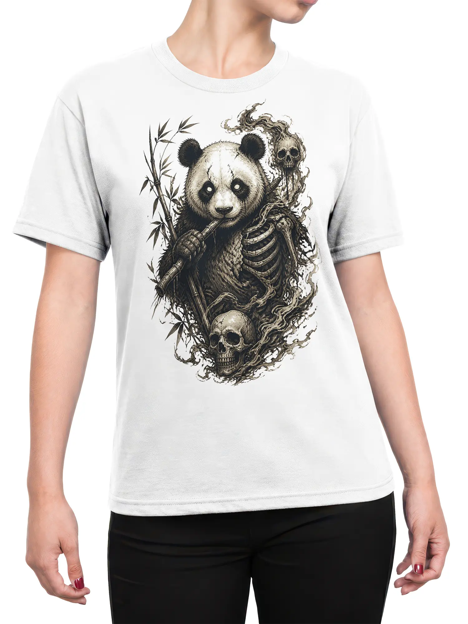 Female torso wearing a white panda T-shirt with skulls, bamboo, and dark fantasy artwork