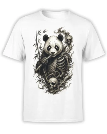 White panda T-shirt with bamboo, skulls, and a dark fantasy skeleton design