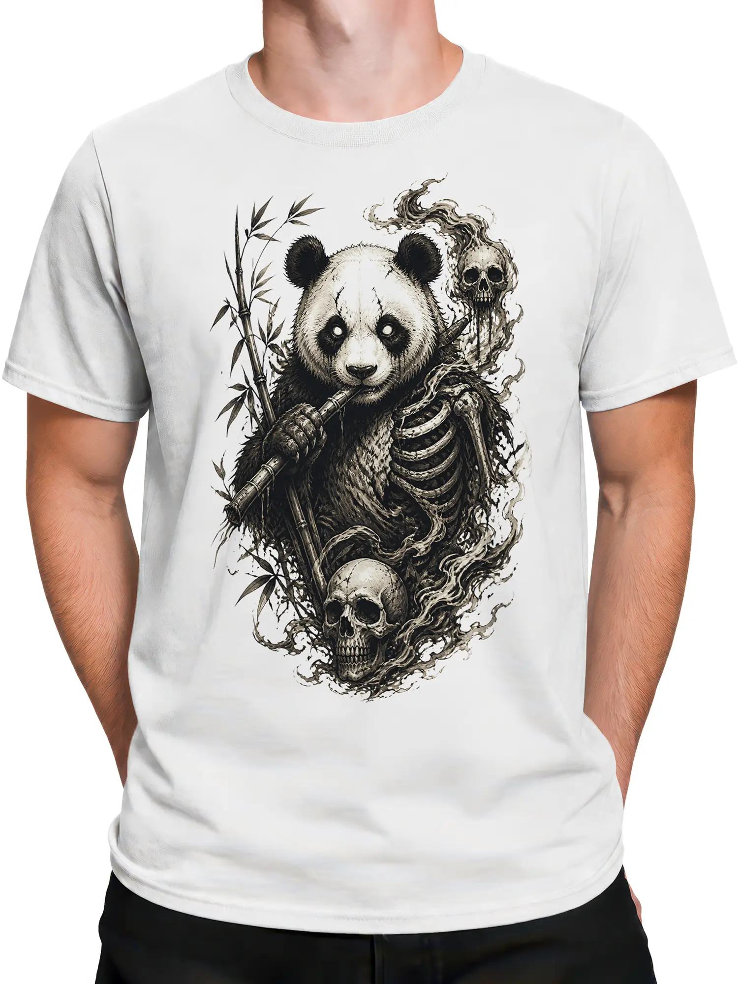Male torso wearing a white panda T-shirt with bamboo and dark fantasy skull artwork