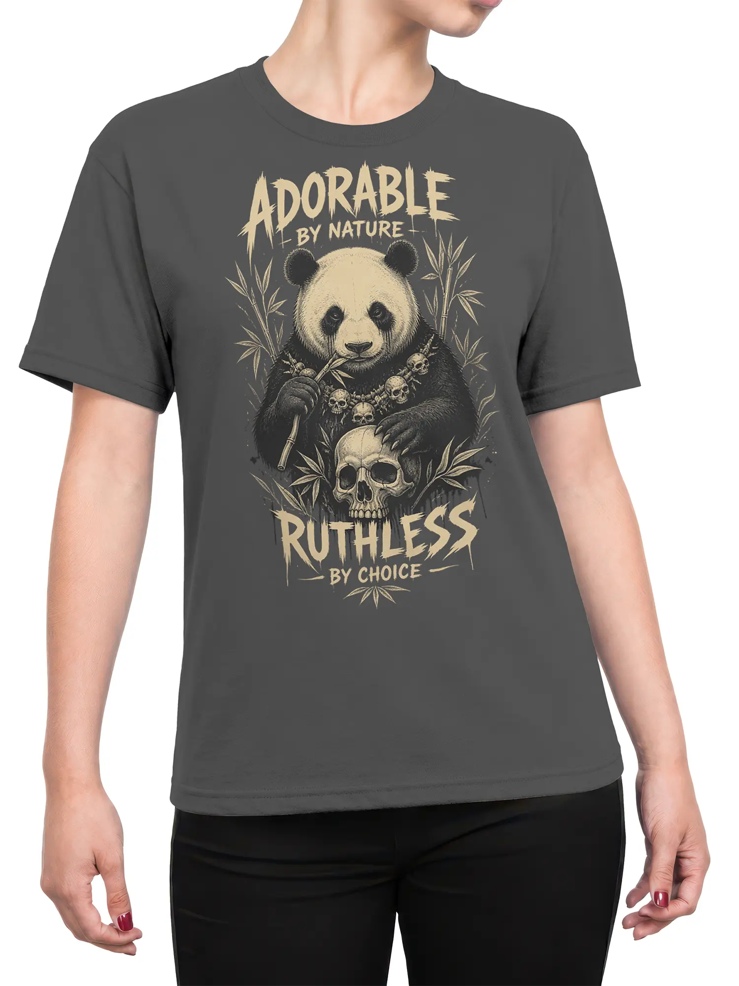 Female torso wearing a gray ruthless panda shirt with bamboo, skulls, and bold vintage-inspired text