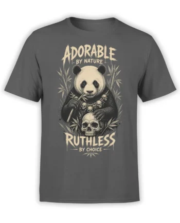 Gray panda T-shirt with bamboo, skull necklace, large skull, and “Adorable by Nature” artwork