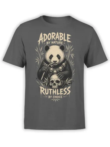Gray panda T-shirt with bamboo, skull necklace, large skull, and “Adorable by Nature” artwork