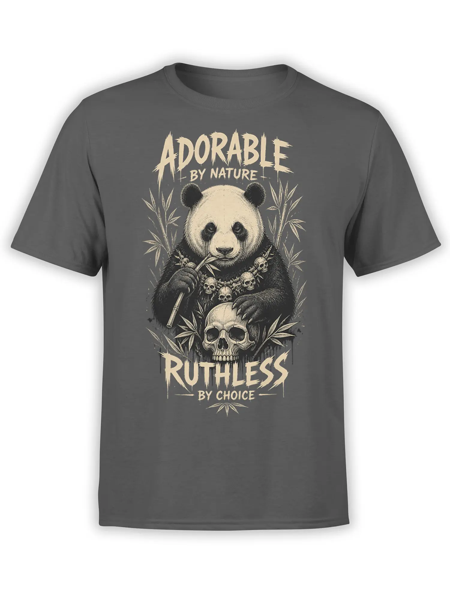 Gray panda T-shirt with bamboo, skull necklace, large skull, and “Adorable by Nature” artwork