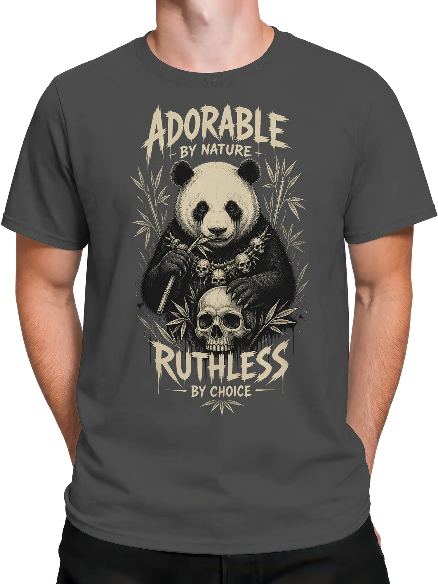Male torso wearing a gray panda graphic tee with bamboo, skulls, and “Adorable by Nature” text
