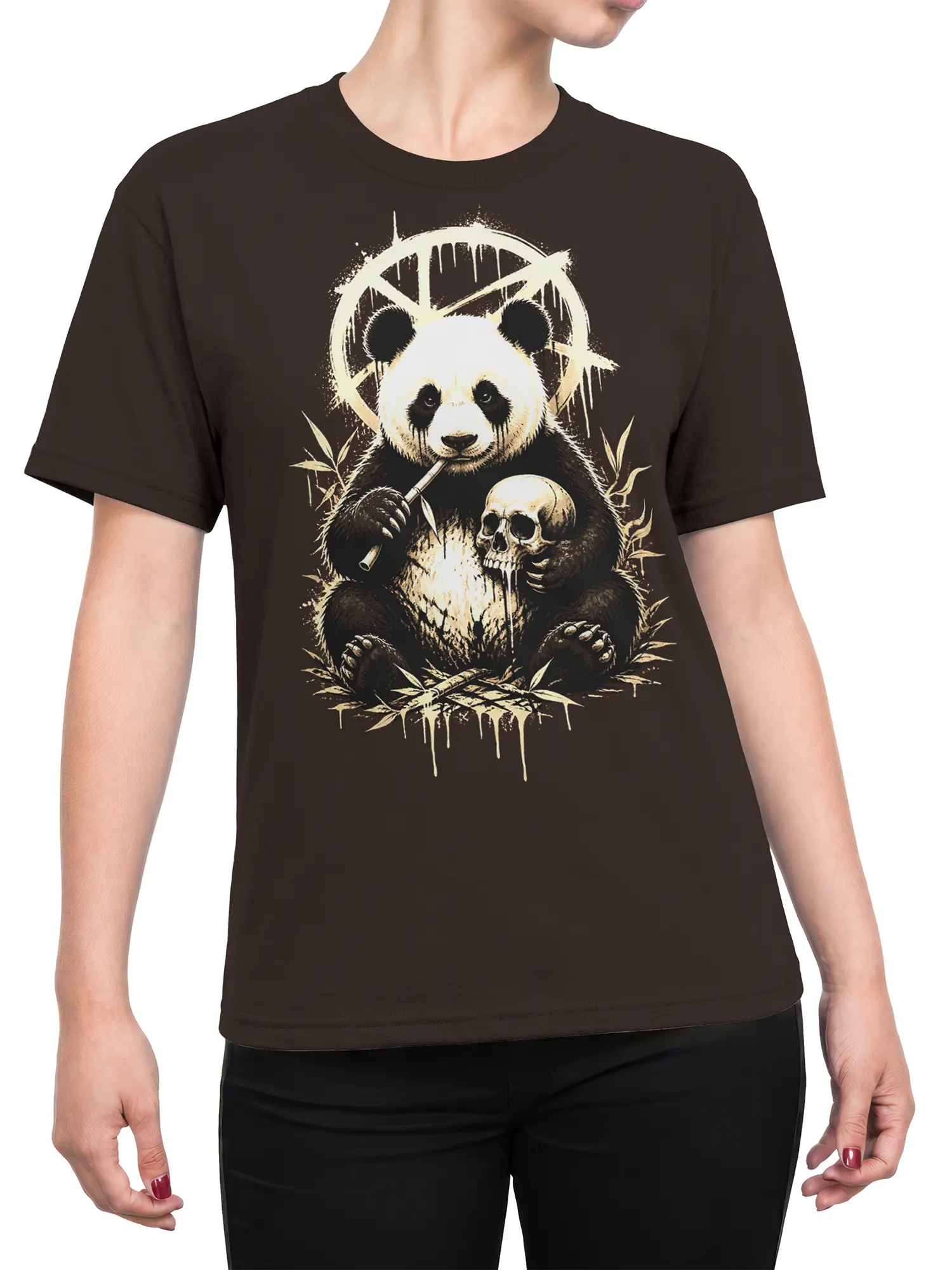 Female torso wearing a brown T-shirt with a dark panda holding bamboo and a skull