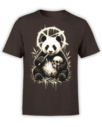 Dark panda holding bamboo and a skull on a brown graphic T-shirt with rough cream-colored artwork