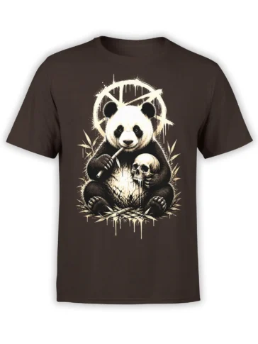 Dark panda holding bamboo and a skull on a brown graphic T-shirt with rough cream-colored artwork
