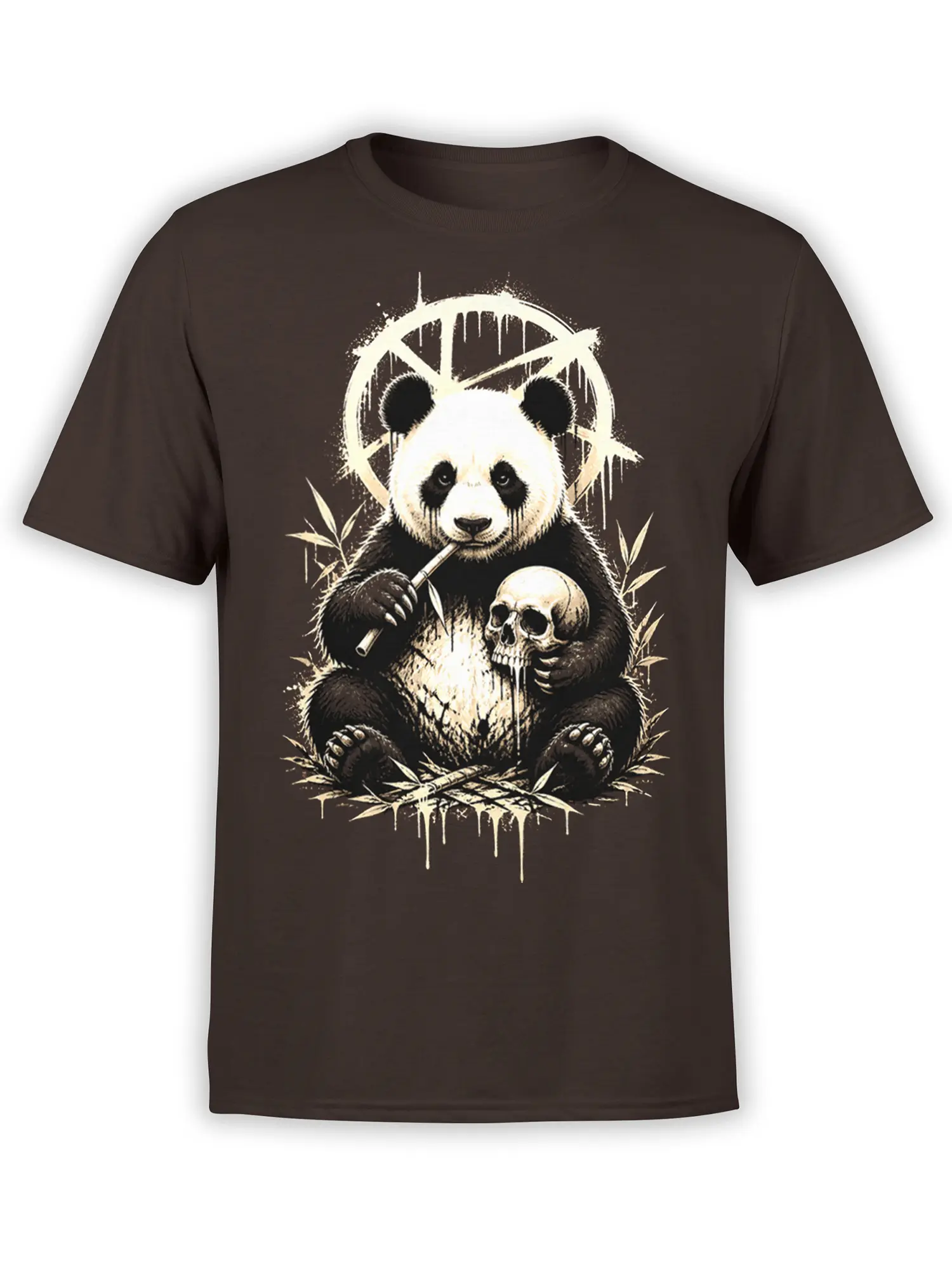 Dark panda holding bamboo and a skull on a brown graphic T-shirt with rough cream-colored artwork