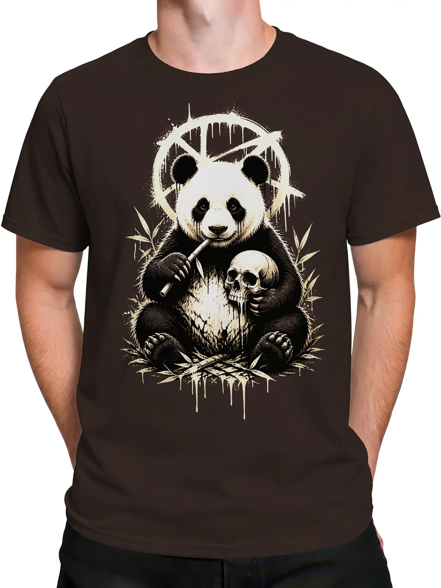 Male torso wearing a brown T-shirt with panda, bamboo, and skull artwork