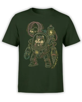 Retro cat astronaut graphic with a tiny mouse and lightning-bolt canister on a dark green T-shirt