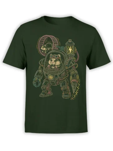 Retro cat astronaut graphic with a tiny mouse and lightning-bolt canister on a dark green T-shirt
