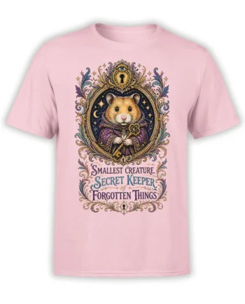 Pink T-shirt with a robed hamster holding a golden key in an ornate vintage fantasy design