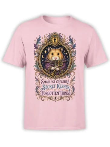 Pink T-shirt with a robed hamster holding a golden key in an ornate vintage fantasy design